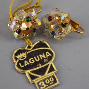 Clear & Rainbow Sparkling Rhinestone & Bead Vintage 60s Clip Earring Set by Laguna - Fashionconservatory.com