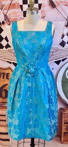 1950s Turquoise Brocade Cocktail Dress, XS