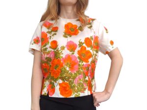 60s Orange Floral Blouse Button Back Top Vibrant Vintage S M Diane Young
