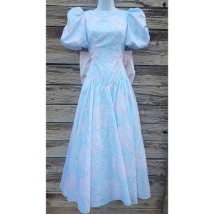 Vintage 1980s Puff Sleeve Formal Dress with Giant Bow Detail - Blue and Pink Floral