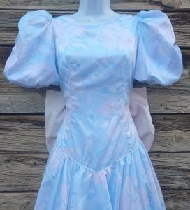 Vintage 1980s Puff Sleeve Formal Dress with Giant Bow Detail - Blue and Pink Floral - Fashionconservatory.com