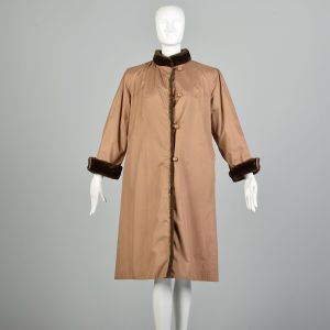 Large 1990s Tan Brown Windbreaker Faux Fur Lined Buttoned Rain Coat