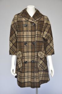 1960s brown plaid mod coat with pockets S-L