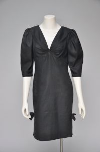 1980s black linen Ungaro dress with puffed sleeves S/M