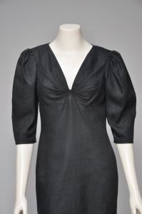 1980s black linen Ungaro dress with puffed sleeves S/M - Fashionconservatory.com
