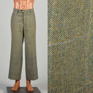 38 x 28.5 1970s Green Plaid Pants Wool Tweed Wide Leg Flares YSL Yves Saint Laurent Trousers