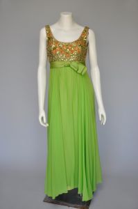 1960s lime chiffon maxi dress with gold sequin top XS/S