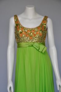 1960s lime chiffon maxi dress with gold sequin top XS/S - Fashionconservatory.com