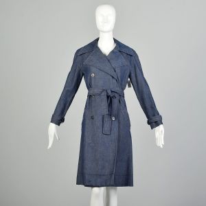 Small 1970s Navy Blue Double Breasted Denim Trench Coat Long Jean Jacket 