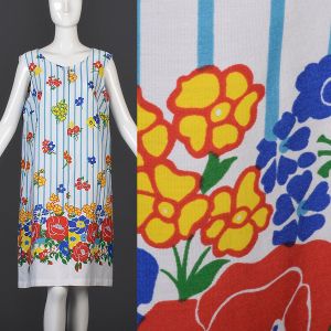 XL White Sack Dress 1970s Blue Stripe Yellow Red and Green Floral Print Sleeveless House Dress
