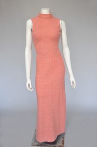 1970s salmon metallic knit maxi dress with cardigan XS-M - Fashionconservatory.com