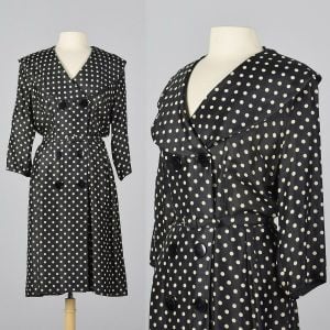 XL 1950s Dress Black Silk Polka Dot Double Breasted Casual Coat 