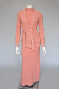 1970s salmon metallic knit maxi dress with cardigan XS-M