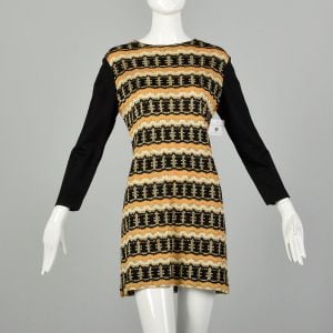 Medium 1970s Pierre Balmain Mini Dress Long Sleeve Knit Gold Metallic