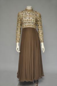 1960s heavily beaded brown silk chiffon dress XS/S