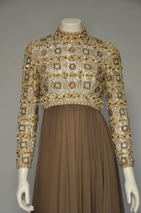 1960s heavily beaded brown silk chiffon dress XS/S - Fashionconservatory.com