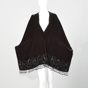 1940s Brown Velvet Wrap Black Beaded Tassel Fringe Trim Winter Shawl Cape