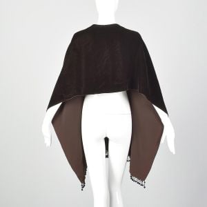 1940s Brown Velvet Wrap Black Beaded Tassel Fringe Trim Winter Shawl Cape - Fashionconservatory.com