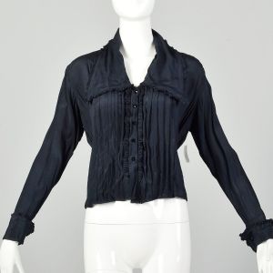 Large 1910s Blouse Edwardian Silk Navy Blue Shirt Pleated Tie Back Waist Top