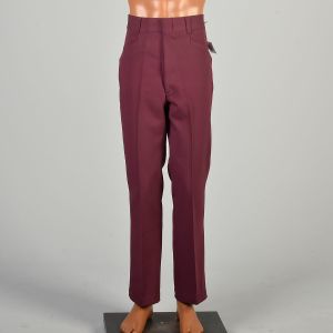 36 x 31 1970s Burgundy Pants Polyester Bootleg Flare Flat Front Deadstock Trousers