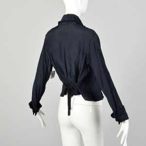 Large 1910s Blouse Edwardian Silk Navy Blue Shirt Pleated Tie Back Waist Top - Fashionconservatory.com