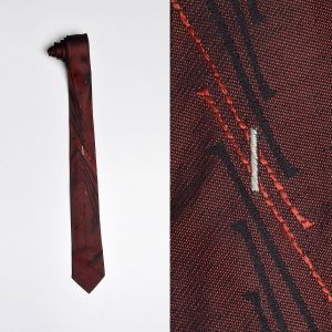 1960s Red Atomic Skinny Necktie Black Embroidered Sharkskin Neck Tie 