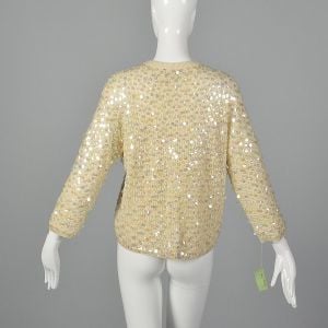 Large 1960s Cardigan Deadstock Cream Wool Dangling Paillettes Long Sleeve Sweater  - Fashionconservatory.com