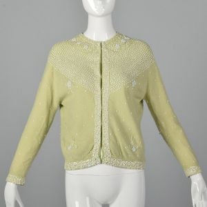 Medium 1960s Green Cardigan Beading Sequin Detail Long Sleeve Cardigan Easter Spring Pastel Sweater 