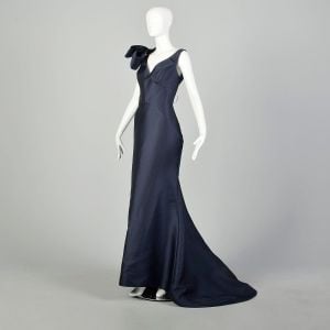 XL 2010s Eleni Elias Navy Evening Gown Formal Prom Shoulder Bow Fishtail Train - Fashionconservatory.com