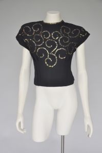 1940s black rayon blouse with swirling sequins XS/S