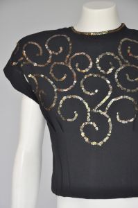 1940s black rayon blouse with swirling sequins XS/S - Fashionconservatory.com