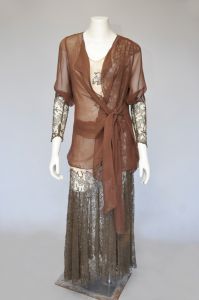 antique 1910s 20s brown floral net and chiffon dress XS-M