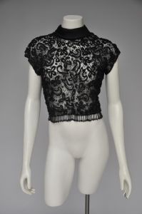 50s 60s sheer black beaded blouse with bow detail XS
