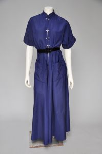 1940s cobalt blue dressing gown with quilting and pockets L/XL
