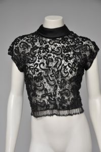 50s 60s sheer black beaded blouse with bow detail XS - Fashionconservatory.com