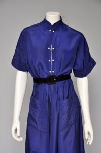 1940s cobalt blue dressing gown with quilting and pockets L/XL - Fashionconservatory.com