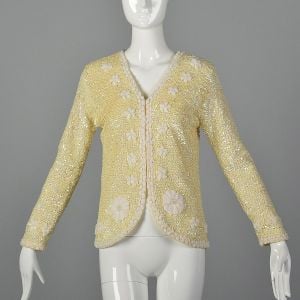 Small 1960s Sequin Cardigan Woven Design Long Sleeve Ribbon Trim Sweater