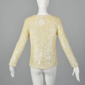 Small 1960s Sequin Cardigan Woven Design Long Sleeve Ribbon Trim Sweater - Fashionconservatory.com