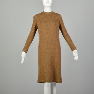 Medium 1970s Sweater Dress Ribbed Knit Cozy Cocktail Metallic Gold