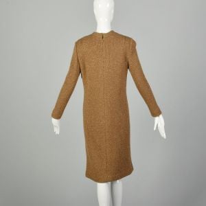 Medium 1970s Sweater Dress Ribbed Knit Cozy Cocktail Metallic Gold - Fashionconservatory.com