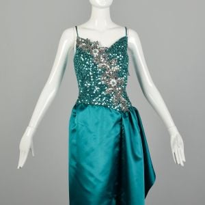 Small 1980s Mike Benet Teal Sequin Maxi Satin Formal Gown Sleeveless  - Fashionconservatory.com
