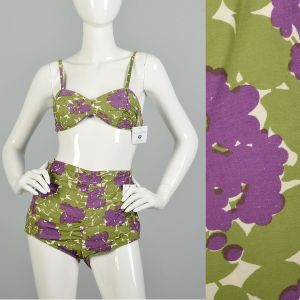 Small 1950s Green & Purple Floral 2pc Bikini Bathing Suit