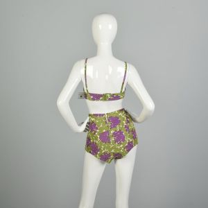 Small 1950s Green & Purple Floral 2pc Bikini Bathing Suit - Fashionconservatory.com