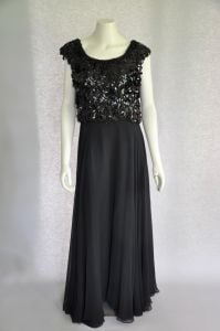 vintage 1960s black silk chiffon maxi party dress w/ paillettes & beading L/XL