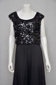 vintage 1960s black silk chiffon maxi party dress w/ paillettes & beading L/XL - Fashionconservatory.com