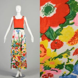 Medium 1970s Floral Dress Orange Sleeveless Spring Summer Hostess Garden Party Colorful Maxi Dress 