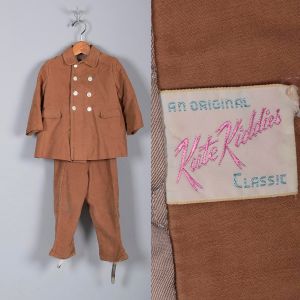 1940s Boys Outfit Winter Clothing Childrens Vintage 40s Brown Three Piece Set Coat Hat Suspenders 