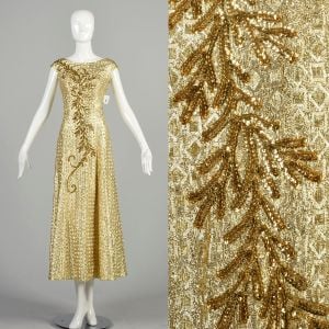 Large 1960s Gold Dress Metallic Geometric Sequin Formal Evening New Years Holiday Dress