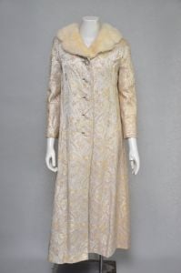 vintage 1960s ivory gold silk brocade coat w/ blonde mink collar wedding party XS-M