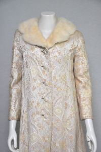 vintage 1960s ivory gold silk brocade coat w/ blonde mink collar wedding party XS-M - Fashionconservatory.com